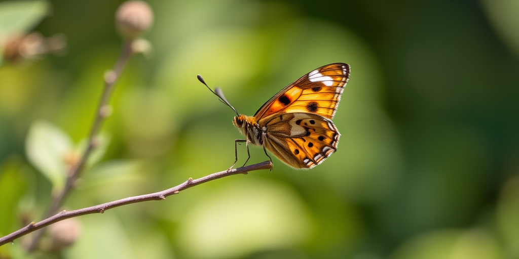Capture a close-up of a butterfly perched on a slender branch, with blurred greenery in the background, using a DSLR camera set to f/2.8, ISO 100, shutter speed 1/500s, natural light to enhance colors and detail.