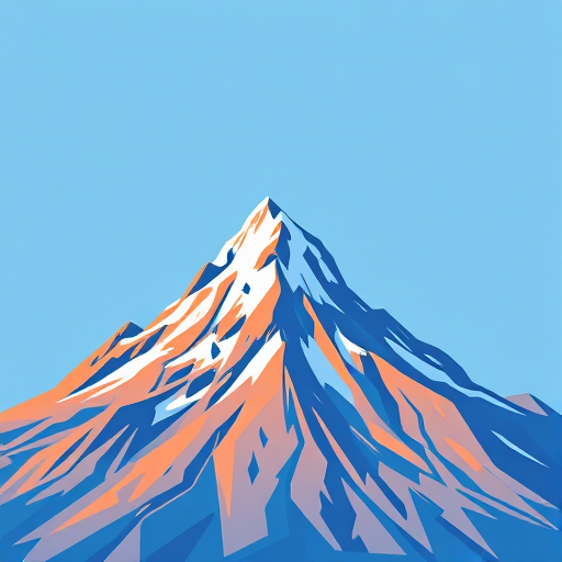 Create a vibrant cartoon-style image of a mountain with a snowy peak against a light blue background, using a Canon EOS R5 with a 50mm lens, aperture f/1.8, ISO 100, and a shallow depth of field for crisp details.