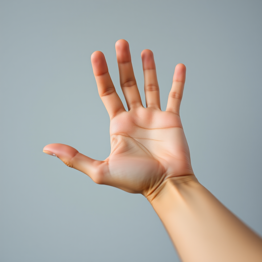 Generate an image of an outstretched hand with fingers spread apart on a solid gray background, using a 50mm lens, aperture f/2.8, shutter speed 1/100s, ISO 200, in a close-up view with a soft focus style, captured with a digital SLR camera.