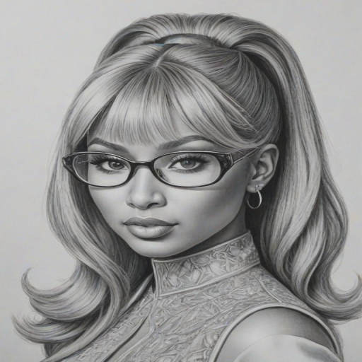 Comely Nicki Minaj, pencil sketch, portrait of Magnificent woman 1937s in glasses, hair style beatnik, outline, clear lines, fine lines, 8k