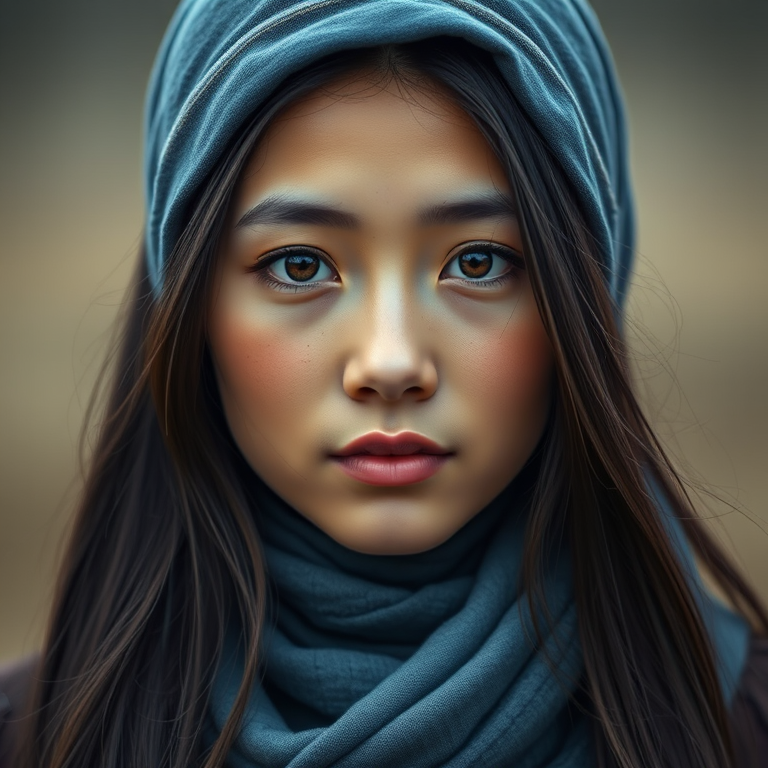 Create a portrait of a young Mongolian woman with long, dark hair and captivating hazel eyes. She is wearing a blue headscarf and a matching scarf draped gracefully around her neck. The background is softly blurred, focusing attention on her serene and natural expression. The overall color palette is muted and warm, enhancing the intimate and authentic feel of the portrait.