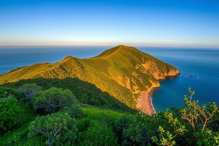 Create a high-resolution landscape photograph of a coastal hill with lush greenery and a serene bay below, captured at sunrise with a Canon EOS 5D Mark IV, 24mm lens, f/8 aperture, ISO 100, and a shutter speed of 1/250 seconds, using a wide-angle perspective to showcase the vibrant colors and details of the scenery.