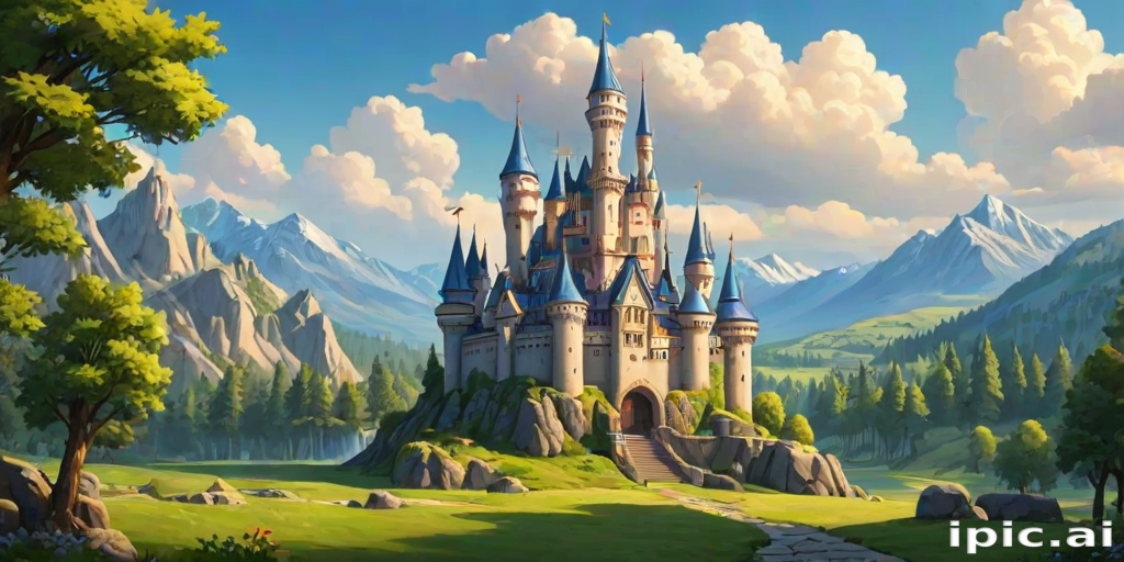 Majestic Fairy Tale Castle Surrounded by Lush Green Mountains and Sky
