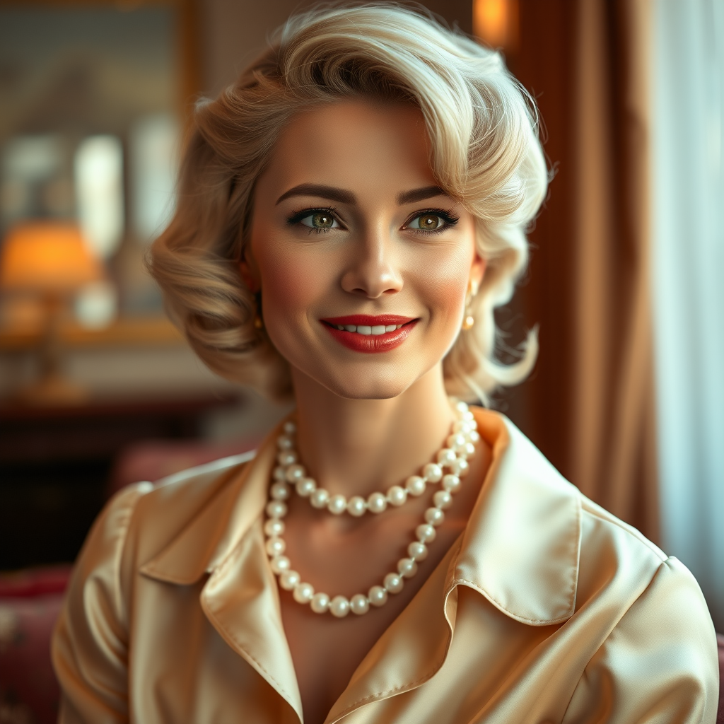 A beautiful Chaldean woman reminiscent of 1950s Hollywood glamour, with perfectly styled blonde hair and a seductive smile, dressed in a satin blouse and adorned with pearls, soft and warm tones, photorealistic, 8K