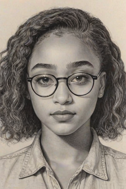 Magnificent Amandla Stenberg, pencil sketch, portrait of Attractive woman 1975s in glasses, hair style beatnik, outline, clear lines, fine lines, 8k