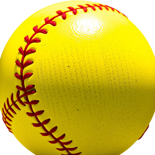 Create a vibrant illustration of a classic yellow softball with red stitching, capturing the texture of the ball using a close-up view, with a shallow depth of field, using a DSLR camera set at f/2.8, ISO 100, shutter speed 1/500s, in natural lighting.