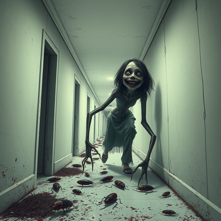 a crooked female with long arms and a creepy smile is crawling along a long white corridor and you can also see cockroaches in it there is a creepy atmosphere creepy art style