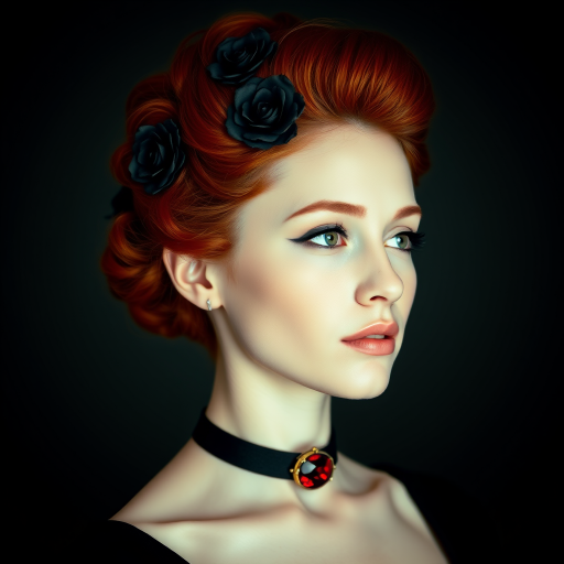 A young woman with bright red hair styled in a voluminous updo adorned with black floral accents, wearing a black choker with a large red gemstone pendant, looks off to the side with a slightly pensive expression, her face softly lit against a dark background.  The image is composed as a portrait, shot from a close-up perspective, with the subject filling most of the frame.  The woman's skin appears fair and flawless, with a subtle glow.  The overall atmosphere is elegant and slightly dramatic.