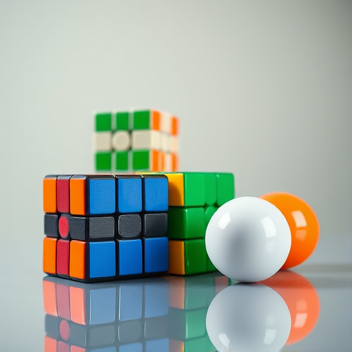 Create a high-resolution image of colorful Rubik's cubes arranged artistically with three glossy spheres in red, green, and white on a reflective surface, shot with a DSLR camera at f/8, ISO 100, 50mm lens, natural lighting, and a slight tilt to capture depth.