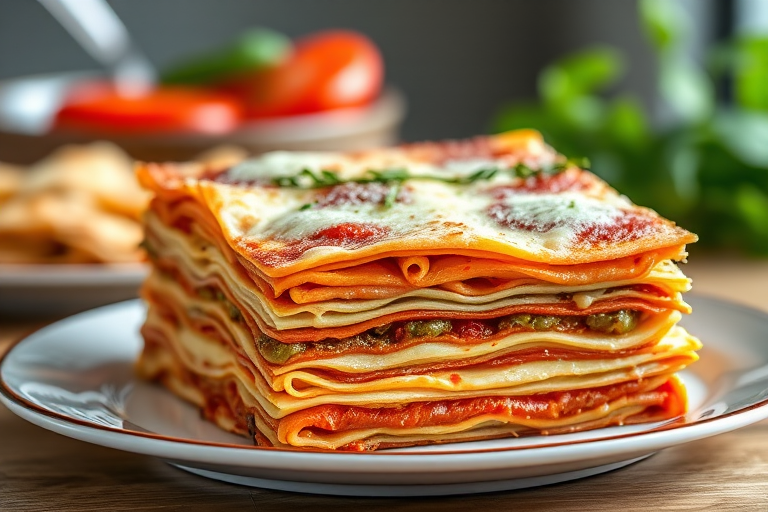 Create a high-quality illustration of a stack of lasagna with rich details, using a macro lens at f/2.8 for shallow depth of field, 50mm focal length, and natural lighting to emphasize textures and colors.