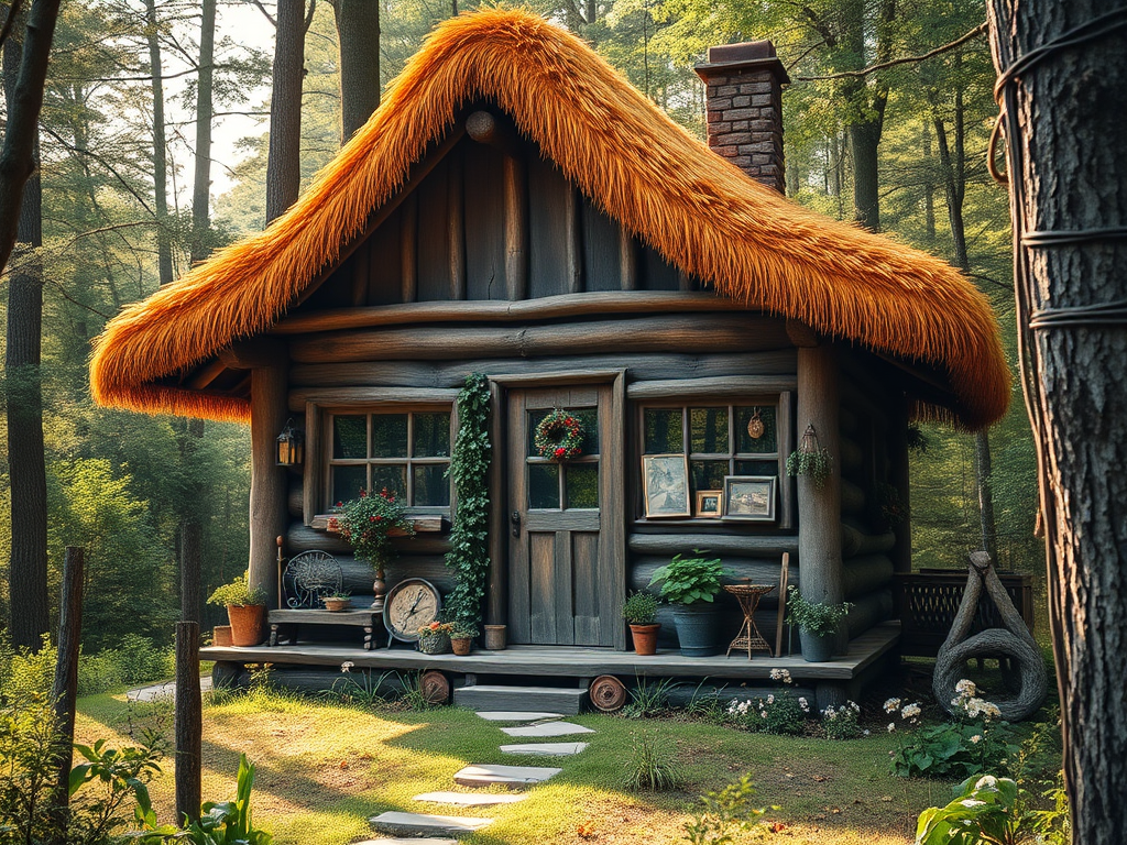 Create a cozy, whimsical cottage in a lush forest, featuring a thatched orange roof, wooden walls adorned with plants and rustic decorations, detailed front porch with various garden items, soft morning light filtering through trees, 24mm lens, f/4 aperture, ISO 200, shot from a low angle for depth, using a DSLR camera.