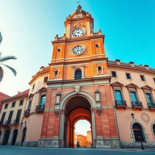 Create a highly detailed digital illustration of a historic building with a clock tower and archway, utilizing a vibrant color palette, with a focus on architectural features, captured from a low angle perspective using a DSLR camera with a 50mm lens, aperture set to f/8 for depth of field, ISO 100 for high image quality, and soft daylight for natural lighting.