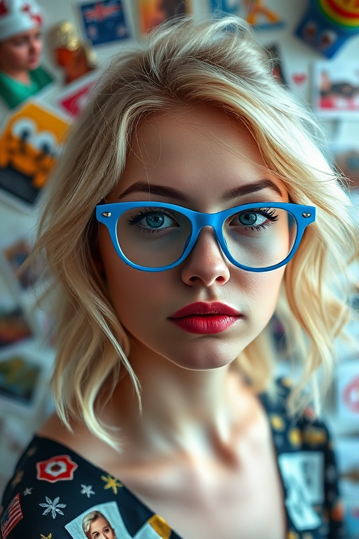 Create a surreal portrait of a young woman with light blonde hair and vibrant blue glasses, surrounded by a whirlwind of colorful images and objects, captured in 50mm f/1.8 lens, ISO 200, 1/125 sec, in a soft diffused light style, using a Canon EOS R camera.
