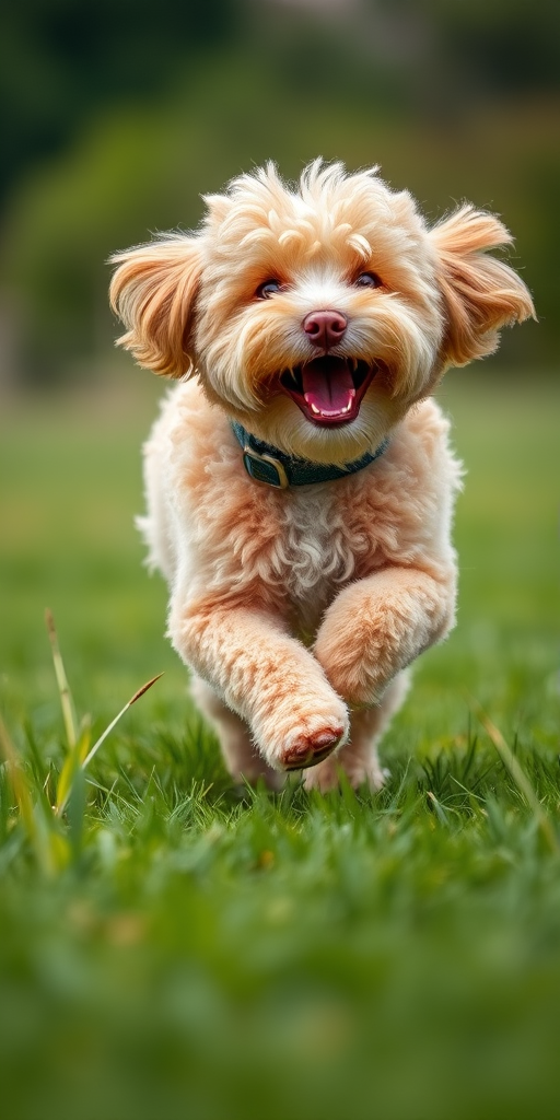 A joyful curly-haired dog running through a green grassy field, shot with a Canon EOS 5D Mark IV, 50mm lens, aperture f/2.8, shutter speed 1/500 sec, ISO 200, shallow depth of field, vibrant colors, natural lighting.