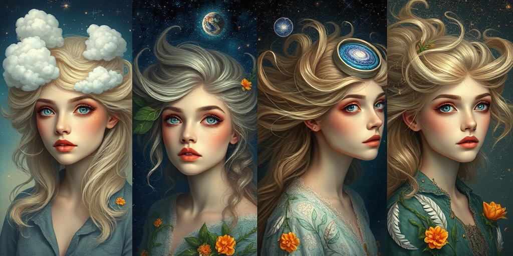 Create a series of imaginative portraits where each subject is infused with elements of fantasy and nature. The hair of the individuals should flow like clouds, varying from soft, fluffy cumulus to wispy cirrus strands, with hints of color reflecting a sunset or a clear blue sky. The eyes should be windows to entire galaxies, with stars, nebulae, and distant planets visible within them. Clothing should be adorned with nature motifs, such as floral patterns that bloom and change, vines that seem to grow and wrap around, or feathers that shimmer with iridescence. Each portrait should capture a unique personality, blending human features with the ethereal beauty of the natural and cosmic world. The backgrounds can vary, from starry night skies to enchanted forests, adding depth and context to the magical realism of the portraits