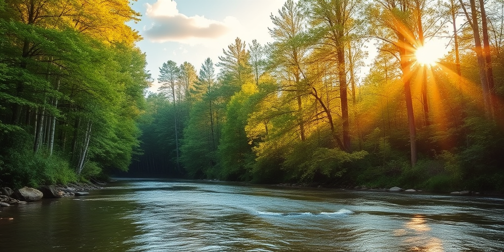 Create an image of a serene, sunlit forest scene with a clear, gently flowing river. Tall trees with lush green foliage line both sides of the river, their leaves bathed in the warm golden light of the setting or rising sun. The sunlight filters through the trees, casting soft, dappled light on the river, which flows over smooth rocks and pebbles, creating a peaceful, natural atmosphere. The sky is bright with a few scattered clouds, and the overall mood is tranquil, evoking a deep sense of connection with nature. The image captures the beauty of a calm, pristine forest landscape at either dawn or dusk.