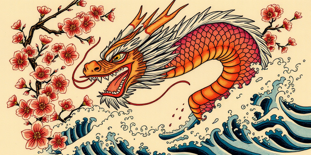 Japanese irezumi tattoo named "Dragon's Breath" showcasing a fierce dragon emerging from cherry blossoms and crashing waves in rich traditional colors and bold outlines