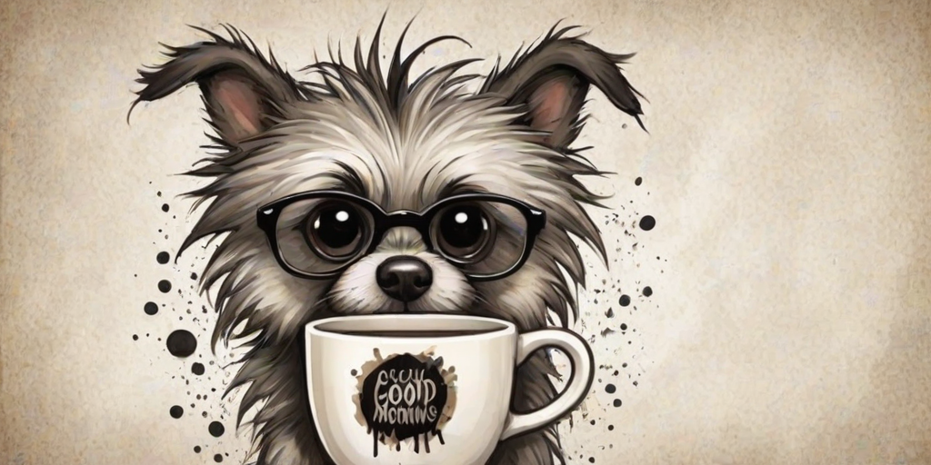 A quirky, artistic illustration of a disheveled bossie dog breed with exaggerated, large eyes and spiky fur, holding a coffee mug that reads "Good Morning". The dog has a tired but humorous expression, with ink splatters and abstract details surrounding it, giving a whimsical feel to the image. The color palette is mostly monochrome with hints of black in the eyes and steam rising from the mug, enhancing the overall sleepy vibe