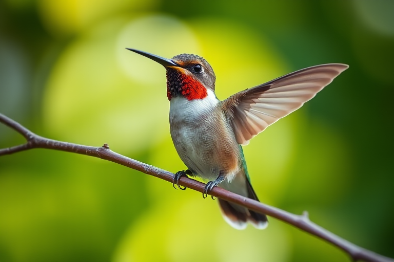 hummingbird perched on a branch surrounded by soft green bokeh, shallow focus, ISO 200, f/2.8, 1/500 sec, macro lens, natural light, DSLR camera