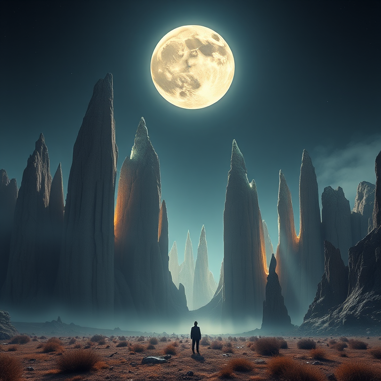 A surreal landscape with towering crystalline spires under a massive moon, a solitary figure standing in the foreground, soft atmospheric lighting, captured with a Canon EOS 5D Mark IV, 24mm lens, f/8 aperture, ISO 100, shot in landscape mode, smooth focus, enhanced color contrast, high dynamic range.