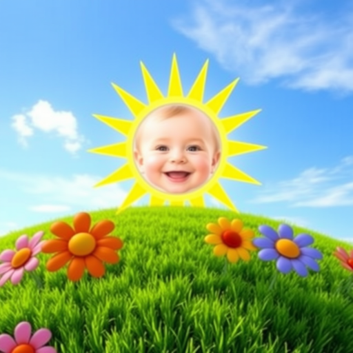 Create an image shows a bright, sun with a smiling baby's face in the center, radiating soft yellow rays. The sun is set against a clear blue sky with a few wispy clouds. Below, there's a lush green grassy hill with colorful, oversized flowers, giving the scene a whimsical, playful atmosphere.