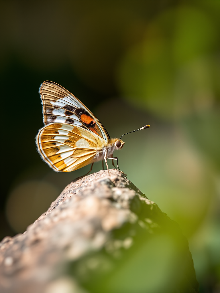 macro shot of a butterfly perched on a rock with shallow depth of field, natural lighting, 100mm f/2.8 lens, ISO 200, shutter speed 1/200 sec, focus on the butterfly with a blurred background