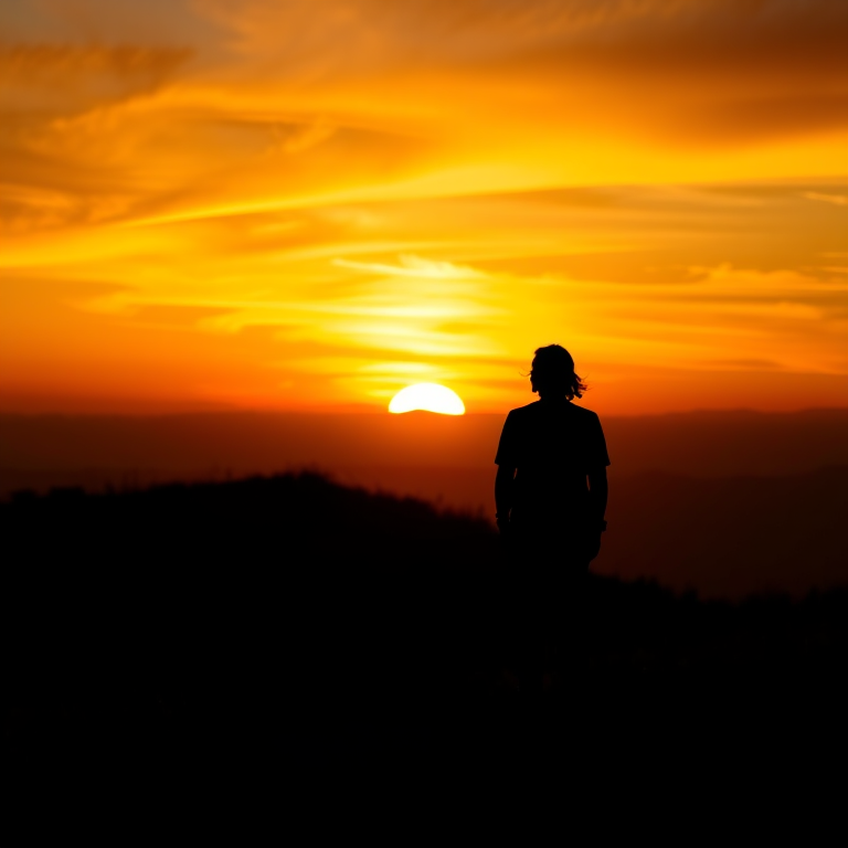 A serene silhouette of a person standing on a hill against a vibrant sunset background with swirling orange and yellow hues, captured in a high-resolution image using a DSLR camera with a 50mm lens, aperture set to f/1.8, ISO 100, and a wide-angle view for enhanced depth and clarity.