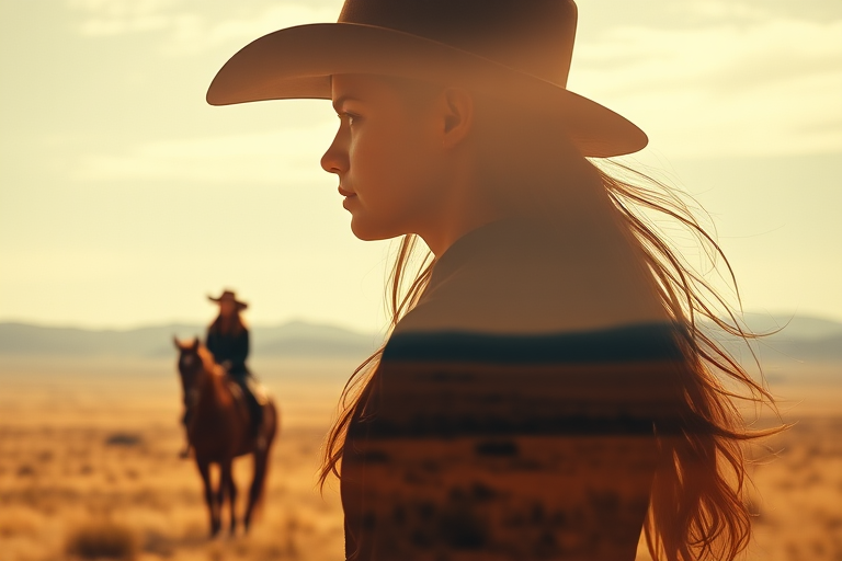 "Create a Double exposure", a silhouette "profile portrait of a young cowgirl" with long hair "superimposed" against a long shot of a cowgirl riding a horse across the plains, fantastic view, 32k, cinematic, hyper-realistic.