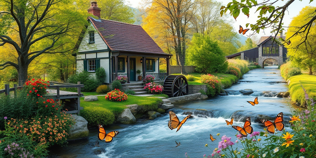 Create a serene landscape featuring a charming cottage by a flowing river with a waterwheel, surrounded by lush greenery, vibrant flowers, and butterflies, using a DSLR camera at f/8 aperture, ISO 200, a shutter speed of 1/250s, with a wide-angle lens for a panoramic view and soft natural lighting to enhance colors and details.