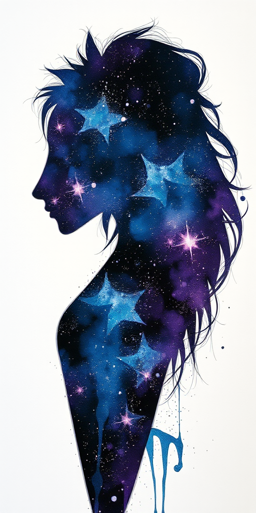 Captivating conceptual render alcohol ink art, double exposure, the paint strokes artfully merge combining a woman's full silhouette with a Xenial xenops's silhouette. The figures are composed of a series of colored dots, lines & spots that evoke the image of a cosmic galaxy, colors are deep shades of blue purple & black with flashes of white & silver representing distant stars. The woman's silhouette is formed within the lion's silhouette from constellations of scattered stars, surreal