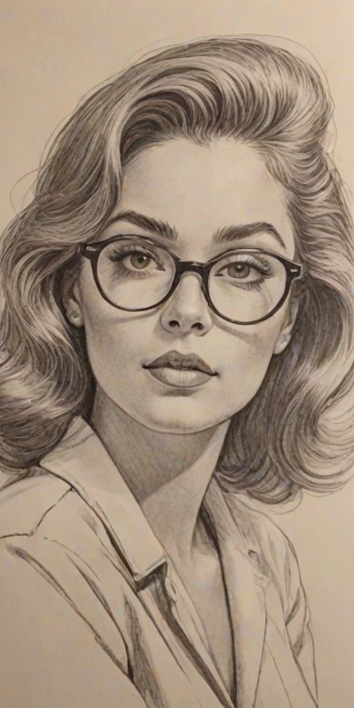 Gorgeous H.E.R., pencil sketch, portrait of Splendid woman 1955s in glasses, hair style beatnik, outline, clear lines, fine lines, 8k