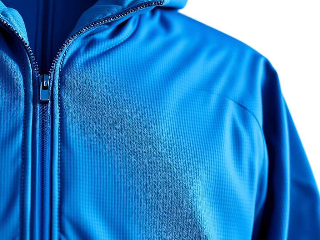A high-resolution close-up of a blue athletic jacket with a textured pattern, captured with a Canon EOS R5, 50mm lens, f/2.8 aperture, ISO 100, using natural daylight, on a plain white background.