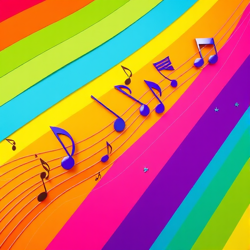 Generate a vibrant illustration of musical notes on a colorful rainbow background, focusing on bright colors and smooth curves, captured with a Canon EOS 90D, focal length 35mm, aperture f/5.6, ISO 100, top-down view, digital art style, high-resolution.