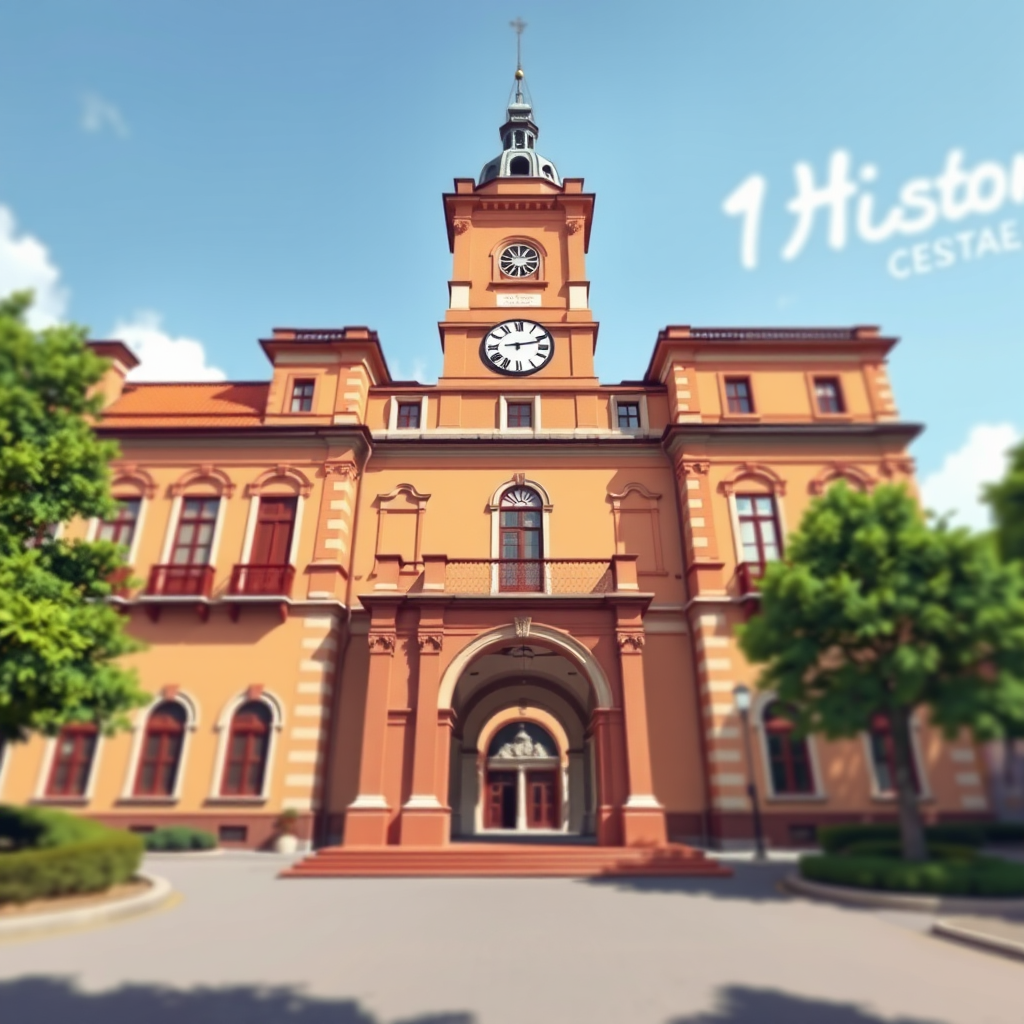 Create a highly detailed digital illustration of a historic building with a clock tower and archway, utilizing a vibrant color palette, with a focus on architectural features, captured from a low angle perspective using a DSLR camera with a 50mm lens, aperture set to f/8 for depth of field, ISO 100 for high image quality, and soft daylight for natural lighting.
