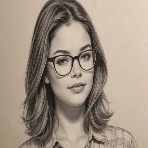 Captivating Danielle Campbell, pencil sketch, portrait of Attractive woman 1958s in glasses, hair style beatnik, outline, clear lines, fine lines, 8k