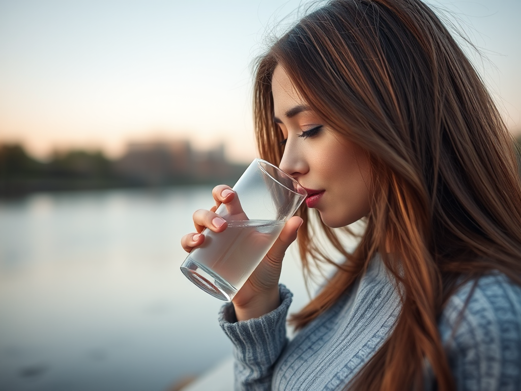 Regenerate the image of a woman with long brown hair drinking from a glass of water by a serene river, using a DSLR camera with a 50mm lens, aperture set to f/2.8, ISO 100, and a shallow depth of field to enhance the background blur and focus on the subject.