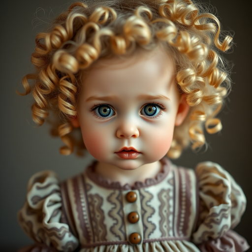 Generate a portrait of a doll-like child with expressive eyes and unique curly hair, wearing a vintage dress with intricate patterns, captured with a Canon EOS R5, 50mm lens, f/1.8 aperture, 1/100 sec shutter speed, soft diffused lighting, shallow depth of field, centered composition.