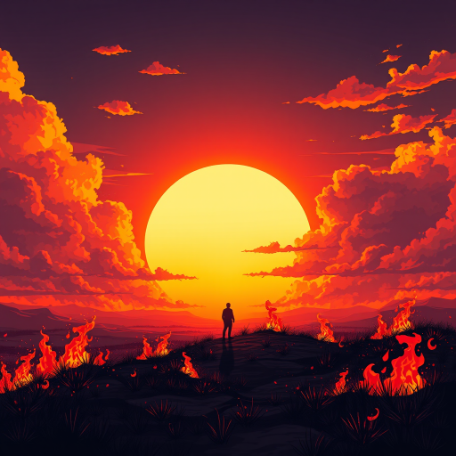 Create a vivid illustration of a fiery landscape with a massive sun setting in the background, showcasing intense orange and red hues, a lone figure silhouetted against the flames, with dramatic clouds, use a Canon EOS R5, 24mm lens, f/2.8 aperture, ISO 100, at twilight for enhanced image sharpness and clarity.