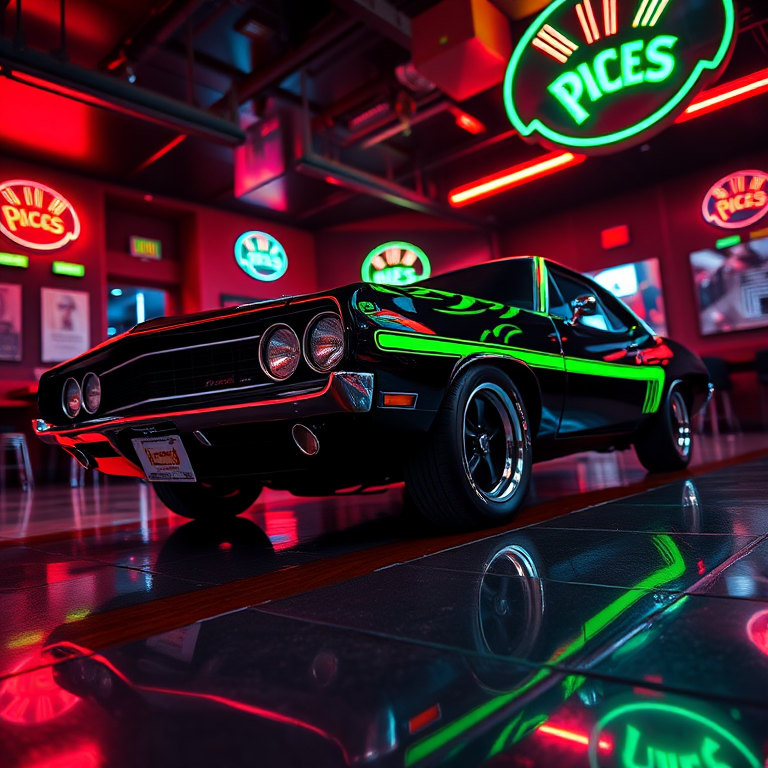Capture a sleek black 1960s muscle car with neon green stripes in a vibrant retro nightclub, low-angle shot, f/2.8 aperture, ISO 400, 24mm lens, use a DSLR for enhanced clarity and depth of field, emphasize the reflections on the polished floor and neon lights in the background.