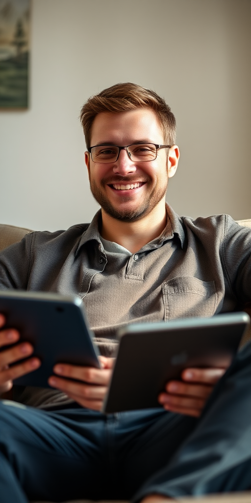 portrait of a smiling man sitting on a couch, holding a tablet, natural light, soft focus, DSLR camera, 50mm lens, aperture f/2.8, ISO 200, shallow depth of field, warm color tone