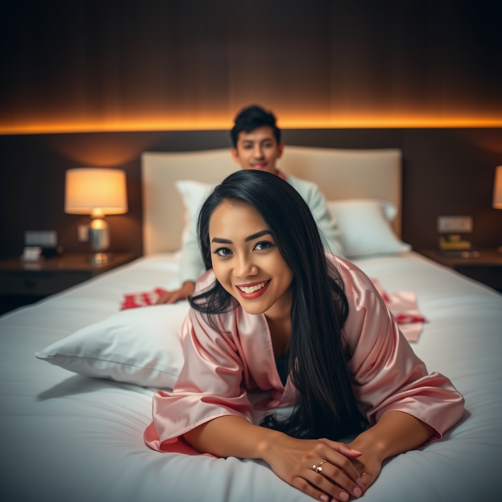 A man and a woman are lying on a bed in a dimly lit bedroom. The woman is in the foreground, lying on her stomach and looking directly at the viewer with a smile. She is wearing a pink silk robe and has long black hair. The man is sitting up in the background, looking directly at the viewer with a neutral expression. He is wearing a white silk robe with a red trim and has short black hair. The bed is white and has a white pillow at the head of the bed. There are two lamps on nightstands on either side of the bed, and the walls are a dark brown. The overall atmosphere is warm and inviting, with a soft focus on the subjects.