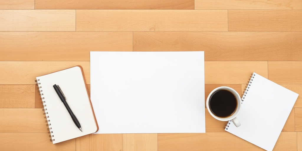 a flat lay image of a blank white sheet of paper on wooden flooring with a notebook, pen, and a cup of coffee on the side