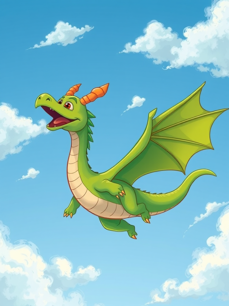 create a whimsical illustration of a green dragon flying through a blue sky with soft white clouds, using a digital drawing style, capture in high resolution with a Canon EOS R5 at f/2.8, ISO 100, 1/250 sec, with a wide-angle lens to emphasize the dragon's features and enhance clarity.