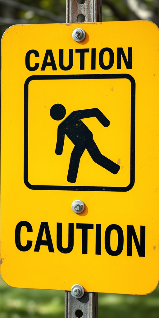 Create a high-resolution image of a caution sign depicting a slipping figure, using a 50mm lens, f/8 aperture, ISO 100, with a shallow depth of field, captured in natural daylight, focusing on vibrant yellow and black colors for enhanced visibility.