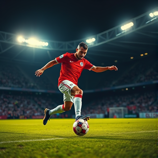 Create an image of a soccer player in an action pose kicking a ball on a brightly lit stadium field during a night game, using a DSLR camera with a 24mm lens, f/1.8 aperture, ISO 200, and a shutter speed of 1/1000s, capturing dynamic motion with dramatic lighting effects and a blurred crowd in the background.