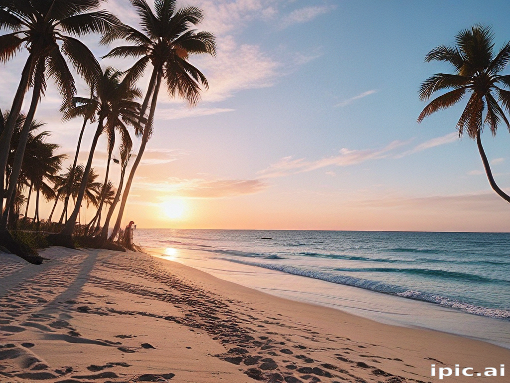 Serene Sunset Over Tranquil Beach with Palm Trees and Gentle Waves