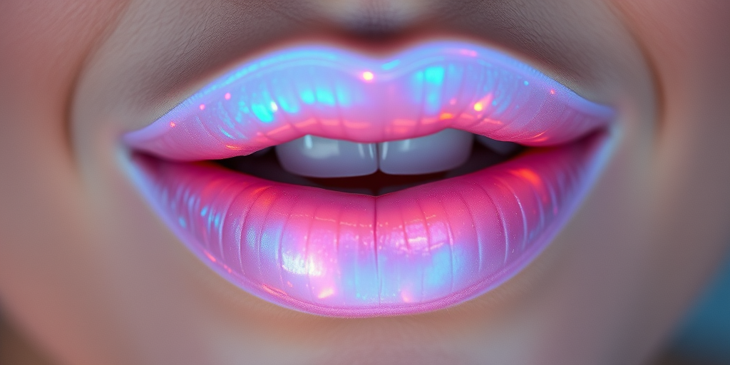 Ethereal opal lips with iridescent pigments, shifting colors subtly and creating a mesmerizing effect, photographed in soft, diffused lighting to enhance the magical quality