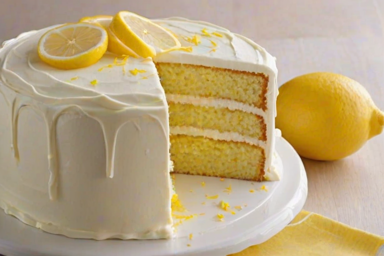 Create an image of a three-layer lemon cake with a smooth white frosting. The cake should have a slice cut out to show the moist layers inside. Decorate the top with lemon zest and a few lemon slices. Include a simple white background and some fresh lemons beside the cake for an appealing presentation.