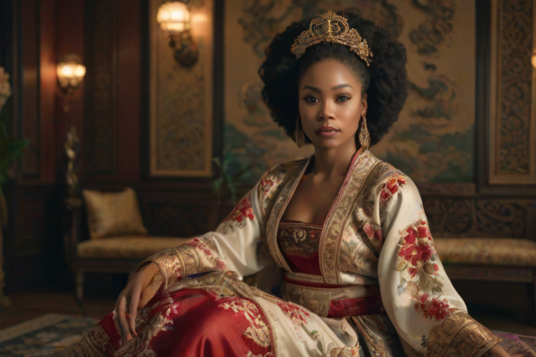 A beautiful Afro-Caribbean woman in traditional East Asian attire, intricately detailed with embroidered patterns, sitting gracefully in a richly decorated room, soft ambient lighting, serene and elegant, ultra-realistic, 8K resolution