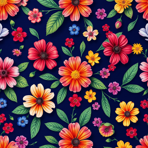 create a vibrant floral pattern with multicolored flowers and leaves on a dark blue background, use a macro lens for intricate details, f/2.8 aperture for a soft blur effect, ISO 100 for clarity, capture in natural light to enhance colors, digital camera type